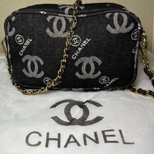 NEW CHANEL  Black Denim Novelty Crossbody Makeup Bag With Gold Accents GWP